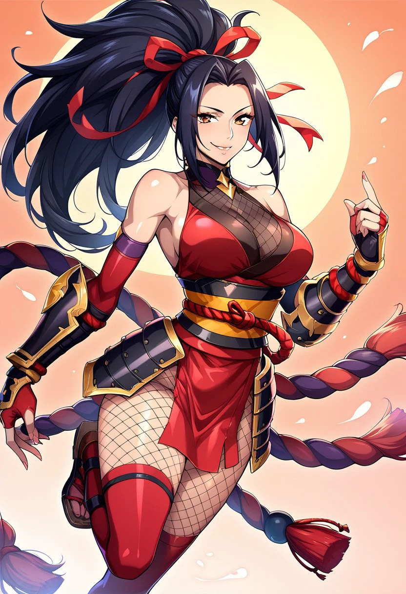 score_9, score_8_up, score_7_up, score_6_up, NelZelFormula,
Hanabi, 1girl, breasts, big breasts, weapon, long_hair, black_hair, fishnets, ponytail, armor, breasts, bare_shoulders, looking_at_viewer, akali, ninja, holding, solo, ribbon, smile, hair_ribbon