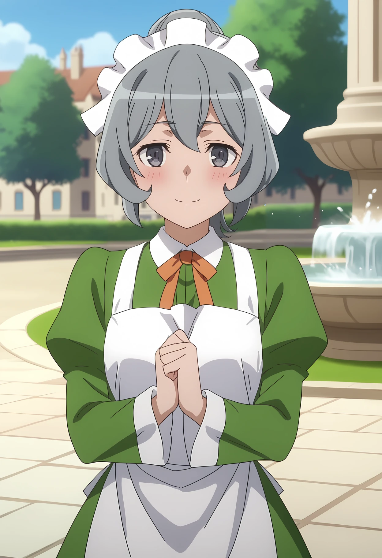 score_7_up, anime screencap,
<lora:DanMachi_SyrFlovaXL:0.9>,
1girl, solo, closed mouth, light smile, blush,
short hair, short ponytail, grey hair, grey eyes,
SyrMaid, green dress, white headdress, white apron, neck ribbon, orange ribbon, juliet sleeves, long sleeves,
v arms, standing, looking at viewer,
outdoors, fantasy, city, fountain, blurry background