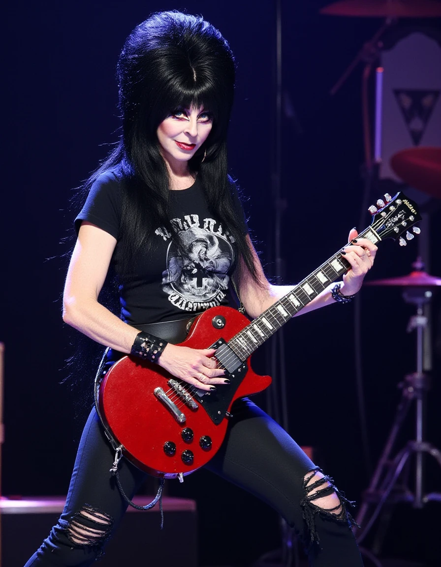 <lora:Elvira_V2_Flux:1.4> high definition photo of  a woman elv!r@, black hair, fitted band t-shirt,  ripped jeans, on stage shredding on an electric guitar.