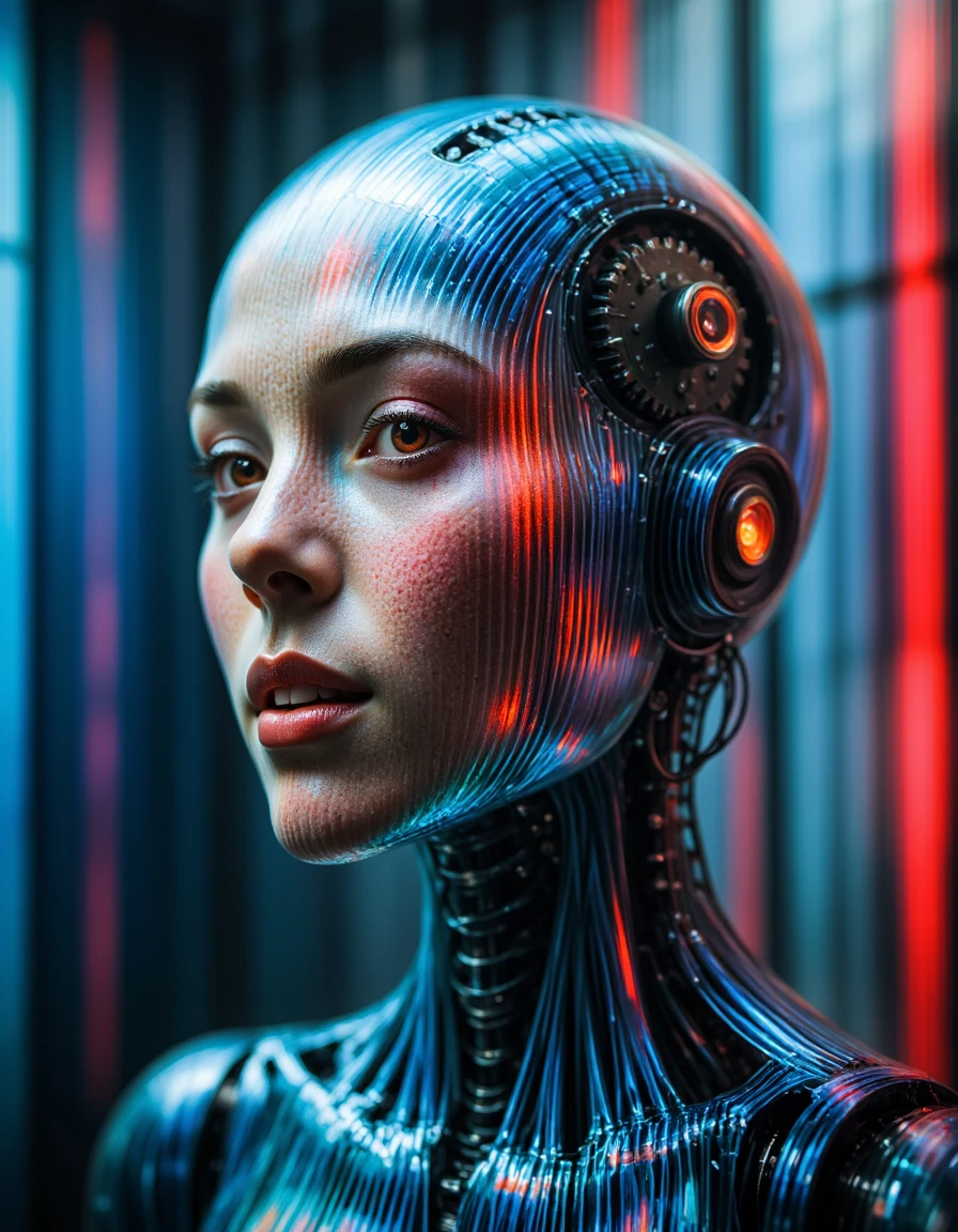 A detailed portrait of a humanoid figure, blending organic and mechanical elements seamlessly. The face is half-human, half-machine, with one side showing lifelike skin, complete with subtle pores and a glint of emotion in the eye, while the other side is composed of sleek metal plates, glowing circuits, and exposed wiring. Tiny gears move rhythmically beneath the surface, and the glowing iris on the mechanical side pulses with an artificial intelligence. The background is a soft blur of neon lights and digital code, giving the scene a cyberpunk atmosphere, while the humanoid’s expression is calm, yet hauntingly detached, as if caught between two worlds—human and machine.