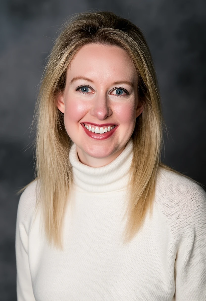 A professional portrait photo of elizabethholmes, a woman. She is smiling, showing her teeth. She is wearing a white knit turtleneck sweater. The background is blurry and shows a dark gray professional photo studio canvas.