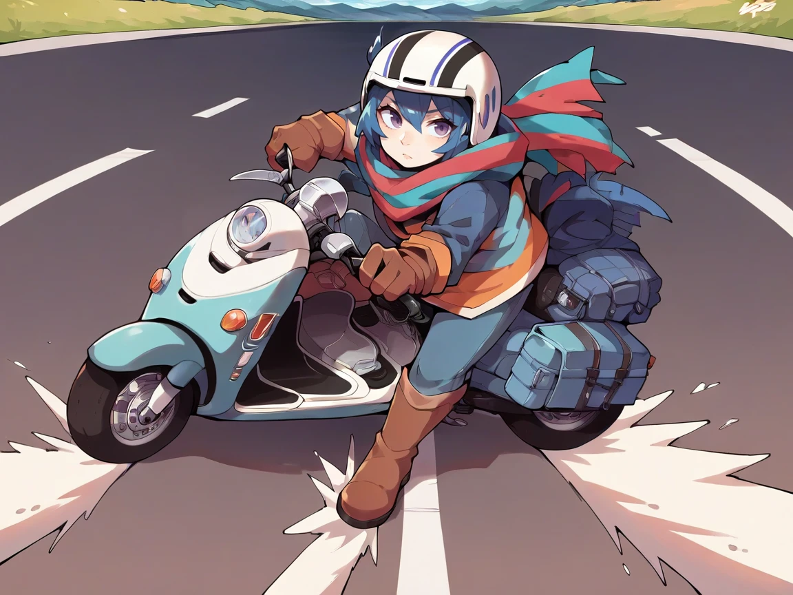 score_9, score_8_up, score_7_up, score_6_up, score_5_up,  <lora:AkiraslideXLP2:0.7> akira slide, 1girl, ground vehicle, motor vehicle, solo, blue hair, gloves, scarf, scooter, helmet, boots, motorcycle helmet, purple eyes, road, 1girl