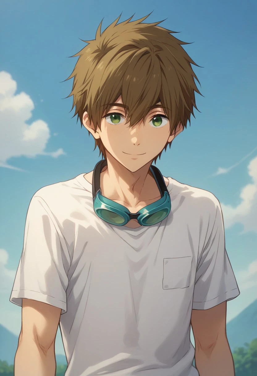 score_9, score_8_up, score_7_up, source_anime, highly detailed, 

makoto,1boy, male focus, solo, brown hair, hair between eyes, green eyes, shirt, t-shirt, white shirt, short sleeves, goggles, goggles around neck, smile,
slender, skinny,
outdoor, sky,