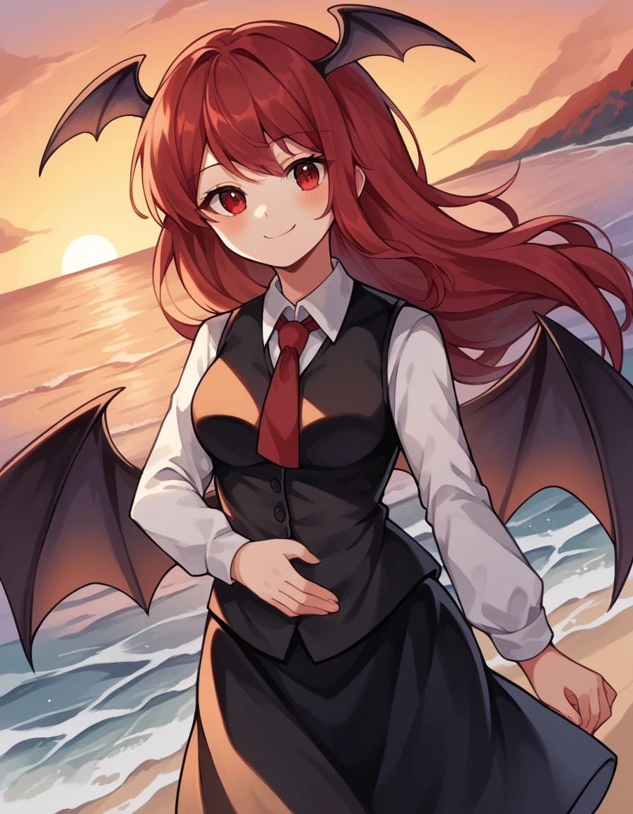 score_9, score_8_up, score_7_up, source_anime, <lora:koakuma-ponyxl-lora-nochekaiser:1>, koakuma, red eyes, red hair, long hair, sidelocks, medium breasts,, bat wings, black dress, black pantyhose, black skirt, black vest, dress, head wings, long sleeves, multiple wings, necktie, pantyhose, red necktie, shirt, skirt, vest, white shirt, wings,, beach, sunset, walking along shore, footprints in sand, waves, peaceful, smile, hand on stomach, blush,, looking at viewer, solo,, dutch angle, cowboy shot