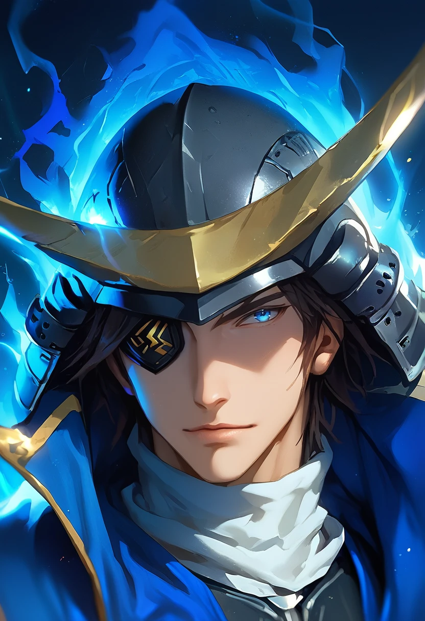 source_anime, score_9, score_8_up, score_7_up, (masterpiece:1.2), (best quality:1.3), 1boy, <lora:Masamune_Date_Sengoku_Basara:0.8> mdate_sgbs, eyepatch, portrait, helmet, facing viewer, blue aura, low-key lighting, lo-fi, glow, dynamic cinematic lighting, ray_tracing, global illumination <lora:Anime Style (Vauxz) PONY:0.8>