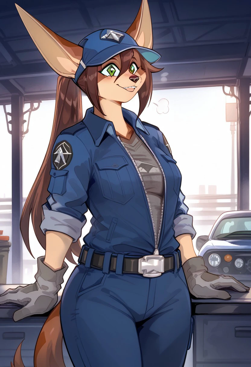 Tsenaya,
female, 1girl, solo, alone, furry, jackal, ears pointing up, green eyes, diamond shaped pupils, long hair, ponytail, furry tail,
brown hair, brown fur,
mechanic, grayish-blue cap, grayish-blue jacket, open jacket, sleeves rolled, gray shirt, gray gloves, belt, grayish-blue pants,