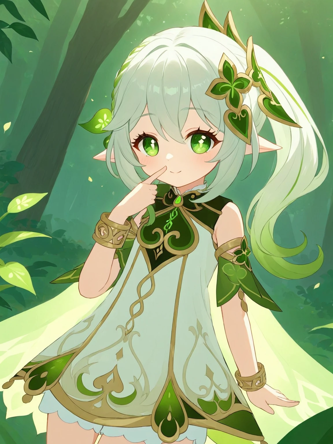 1girl,bracelet,cross-shaped pupils,finger to mouth,flower,leaf hair ornament,legs,looking at viewer,multicolored hair,nad armbands,nad hair cape,nad short sleeveless dress,nahida,nature,one eye closed,parted lips,pointy ears,side ponytail,simple background,smile,solo,symbol-shaped pupils,white background,white bloomers,<lora:Nahida-SDXL-lora-2024.10.24-version1:0.5>,