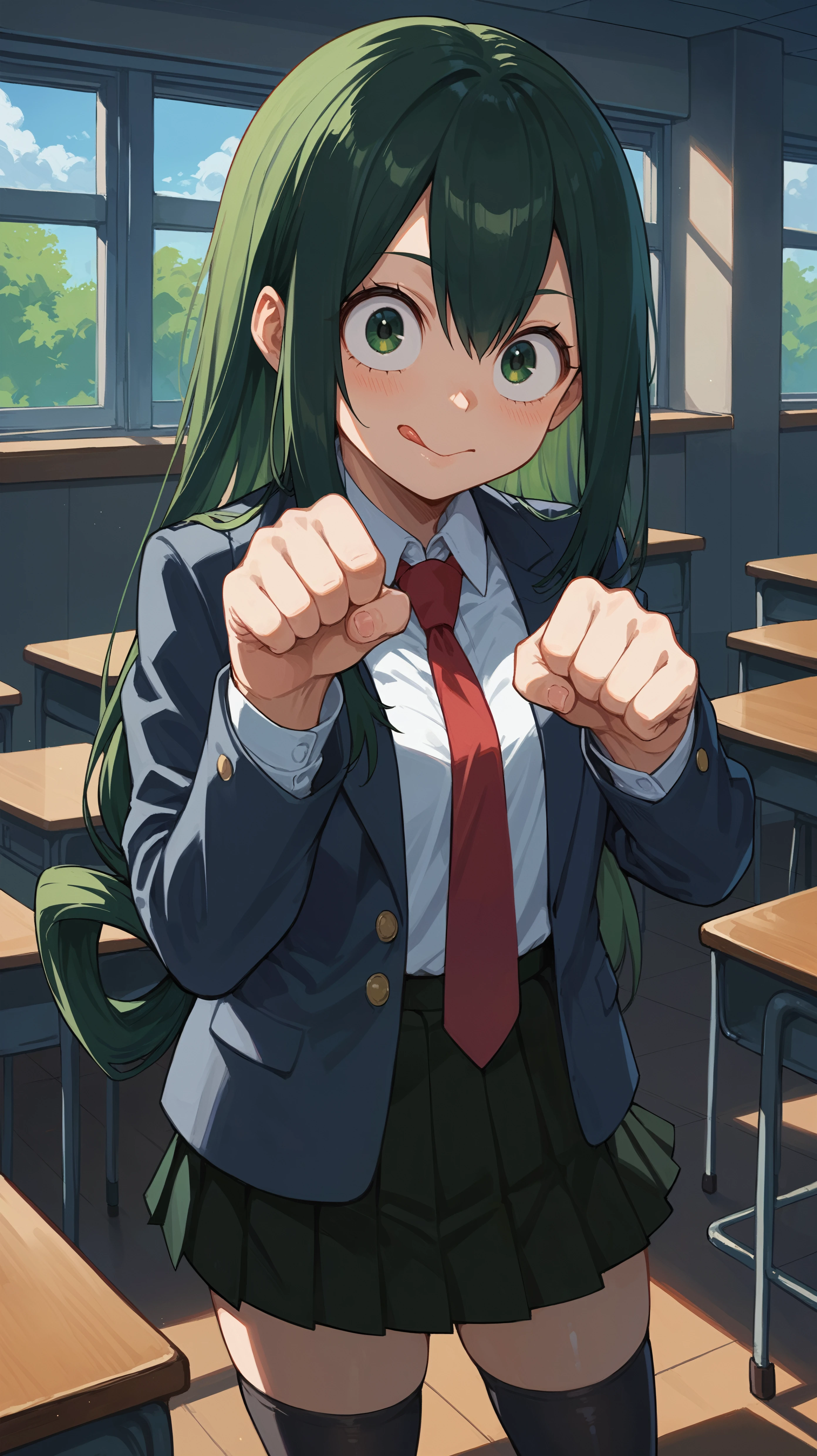 score_9,score_8_up,score_7_up,score_6_up, source_anime, zPDXL3, <lora:xl_more_art-full_v1:0.5>, girl, dynamic pose, paw pose, <lora:Tsuyu Asui (Froppy) - Pony-000004:0.8>, long hair, green hair, low tied hair, hair rings, green eyes, school uniform, grey school uniform jacket, red necktie, green pleated skirt, black thighhighs, classroom, school, tongue, large eyes,