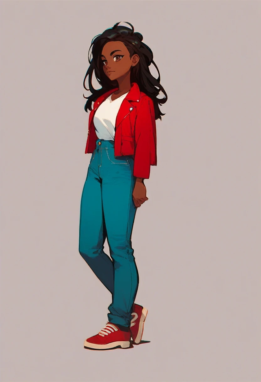 Boukisha, solo, black hair, 1girl, standing, jacket, full body, pants, dark skin, dark-skinned female, denim, red jacket white shirt, brown eyes, desaturated aqua pants, red shoes, long hair