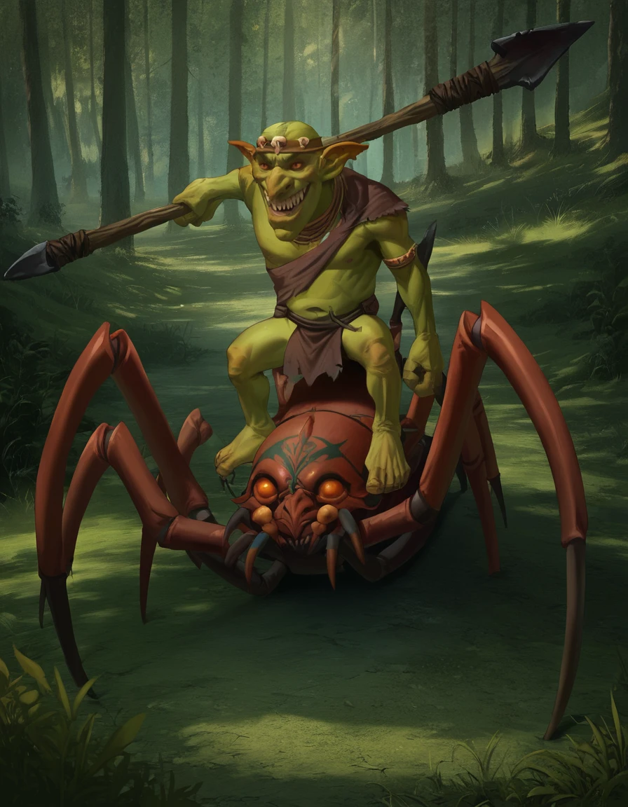 score_9, score_8_up, score_7_up, source_cartoon, 2d,
ForestGoblin, holding spear, riding spider,
<lora:ForestGoblin:0.8>