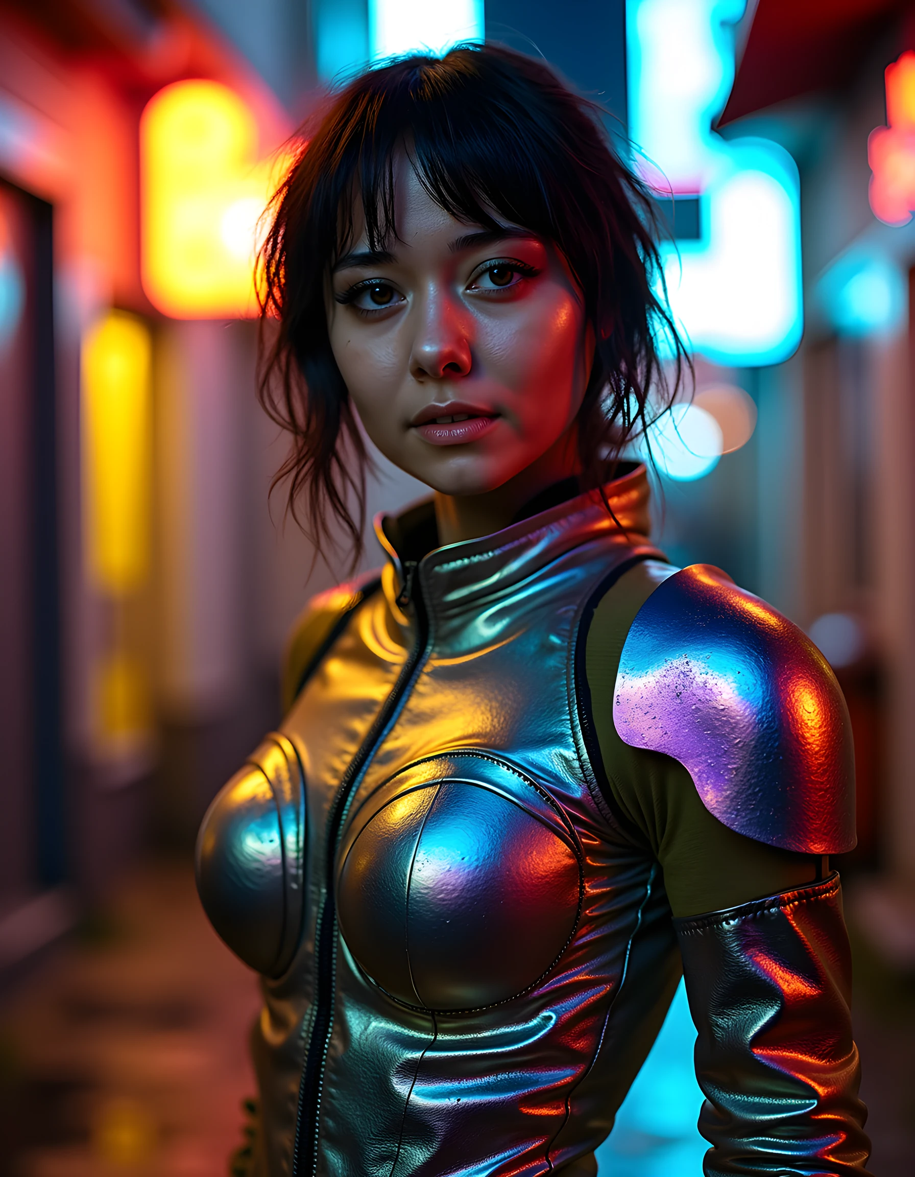 In a gritty, dystopian noir setting, a woman named Jul14N4C is posed with an air of defiance and resilience. She stands in the dimly lit, rain-soaked alleyway of a neon-lit metropolis, bathed in pools of harsh, yellow streetlight. Her outfit is a striking contrast to her surroundings: a vibrant, iridescent suit of armor made from discarded technology and scrap metal, shimmering with the glow of neon signs reflected off its polished surface. Her eyes, sharp and focused, are piercing through the perpetual drizzle, the raindrops catching the light and forming tiny prisms around her face. Her posture is confident yet guarded, as if she has seen the darkest corners of this city and come out stronger for it. The gritty texture of the alleyway and the glaring neon lights create a stark contrast that highlights both the beauty and brutality of her environment, capturing the emotional tone of determination and survival in the face of adversity.