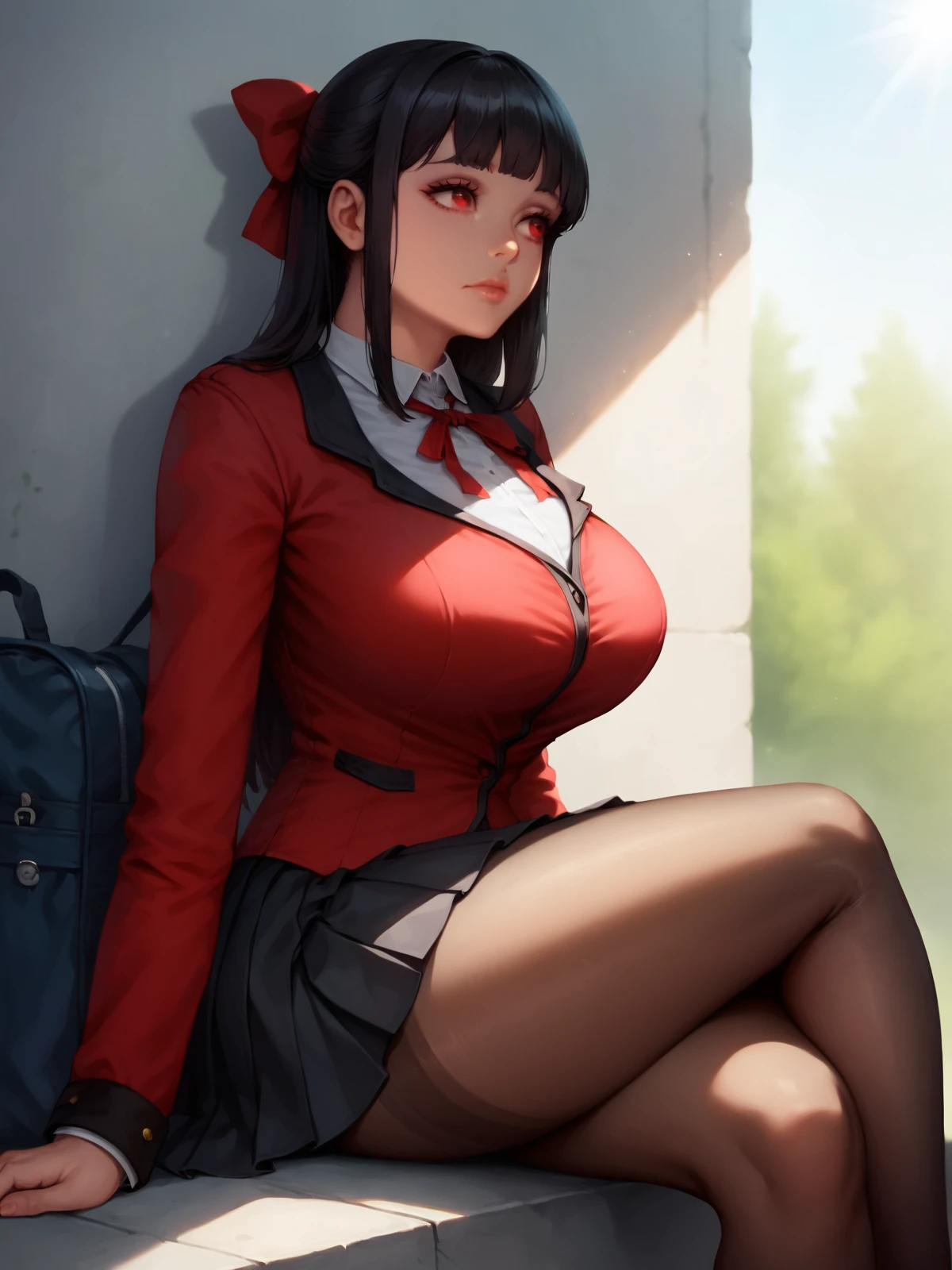 core_9, score_8, score_7, Yooheewaifu, solo,  realistic, long hair, wide shot, red eyes, side view,closed mouth, head support,lips, black hair, curvy legs, dynamic angle,bangs, school bag, skirt, large breasts, sunlight, dynamic angle, pantyhose, sitting, shirt, bow, outside, bus stop, ribbon, school uniform, jacket, white shirt, hair bow, pleated skirt, collared shirt, blunt bangs, black skirt,  blazer, red jacket, <lora:Yoohee_character:1> ,<lora:add-detail-xl:1> ,<lora:HandFixer_pdxl_Incrs_v1:0.5>