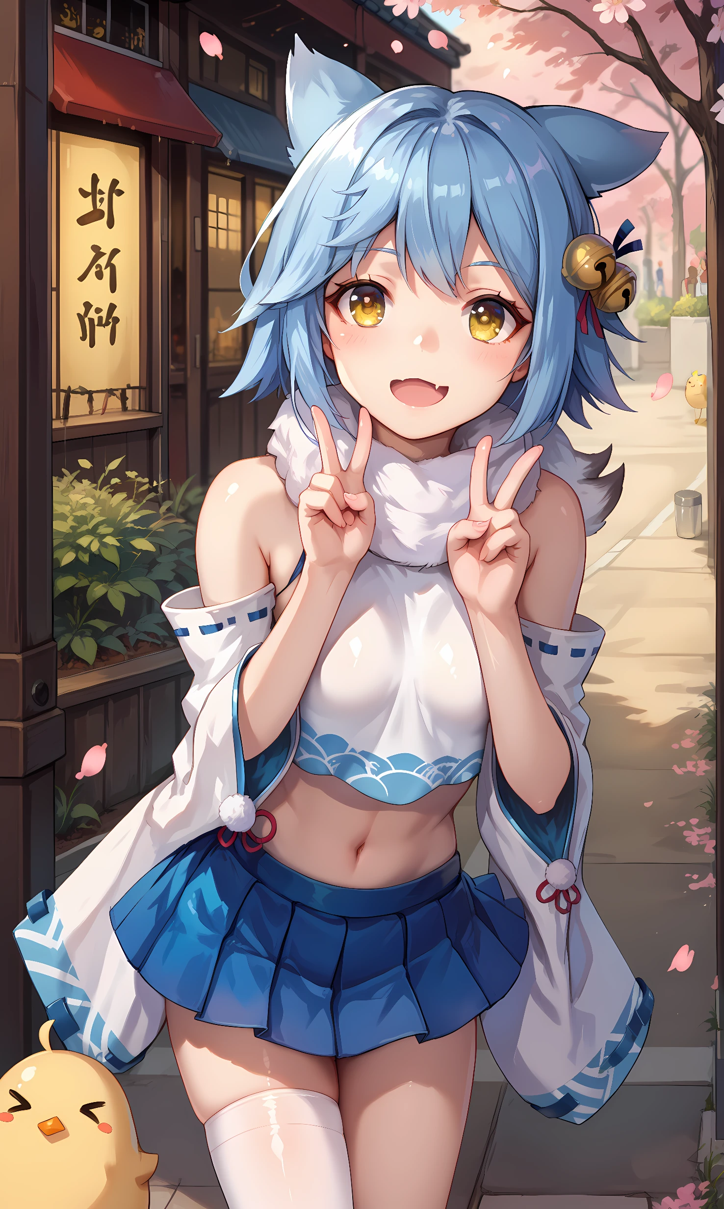 score_9, score_8_up, score_7_up, source_anime, 1girl, solo, outdoors, street, cherry blossoms, cowboy shot, standing, looking at viewer, shiny skin, fubuki, yellow eyes, blue hair, short hair, fox ears, hair bell, white scarf, japanese clothes, detached sleeves, wide sleeves, long sleeves, white shirt, sleeveless shirt, sideboob, crop top, midriff, blue skirt, pleated skirt, white thighhigh, single thighhigh, sandals, leaning forward, double v, chick