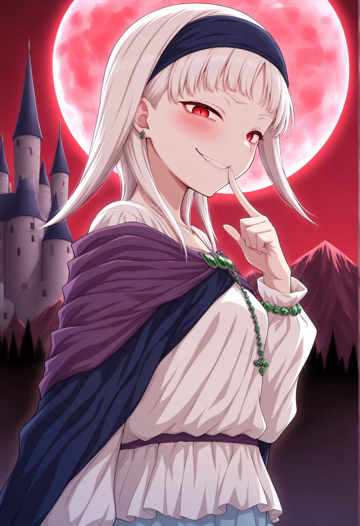 1girl, medium hair, white hair, red eyes, hairband, jewelry, white shirt, cape, skirt, outdoors, mountain, castle, red moon, evil smile, finger to mouth, from side, looking at viewer, upper body   <lora:Sierra_Illus:1>, masterpiece, best quality, amazing quality, very aesthetic, absurdres, highres, newest