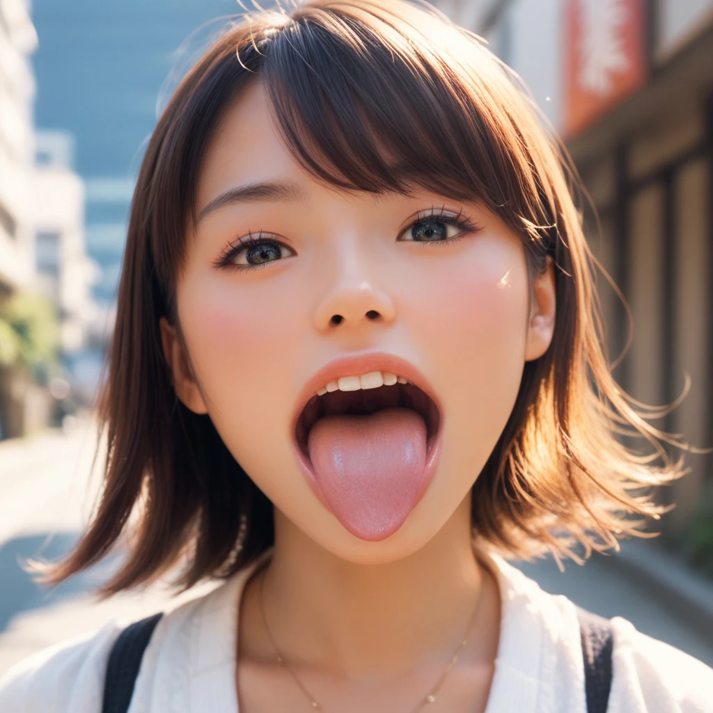 score_9, score_8_up, score_7_up, score_6_up, score_5_up, score_4_up,BREAK,(japanese,girl:1.2),(wide shot),looking viewer,upper body,outdoor, <lora:PONY_Realistic_large_wide_mouth_v1-000009:0.7> teeth,mouth open,tongue