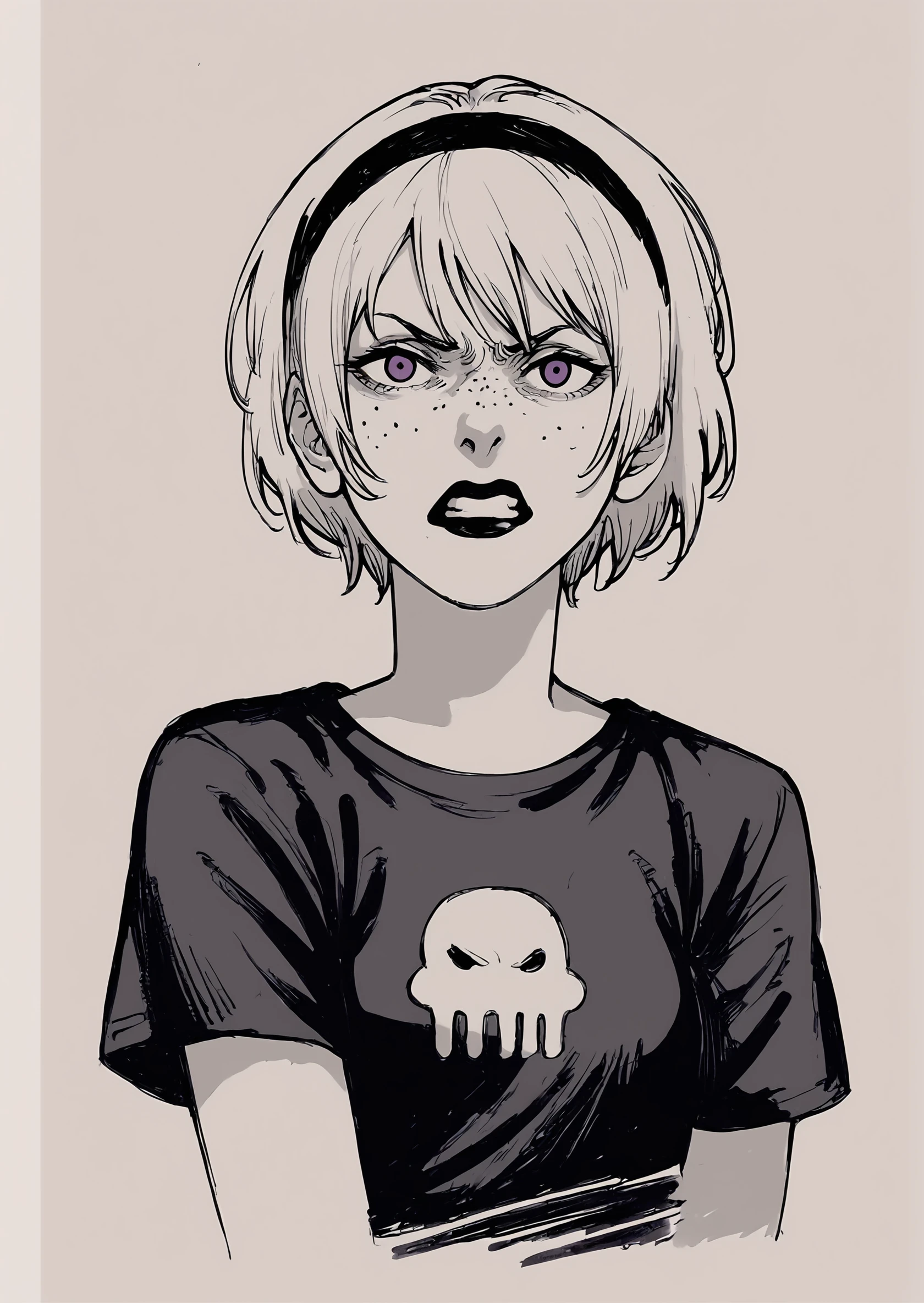 core_9, score_8_up, score_7_up, score_6_up, score_5_up, score_4_up, 1girl, white hair, black hairband, black lips, purple eyes, shirt print, <lora:Rose_Lalonde_-_outfits:0.8>, rosedress, black dress, shirt print, 1girl, solo, looking at viewer, short hair, shirt, upper body, hairband, teeth, traditional media, clenched teeth, t-shirt, angry, freckles, sketchy, manga, <lora:Fujimoto_chainsawman:1> fujichai, monochrome, BREAK source_anime