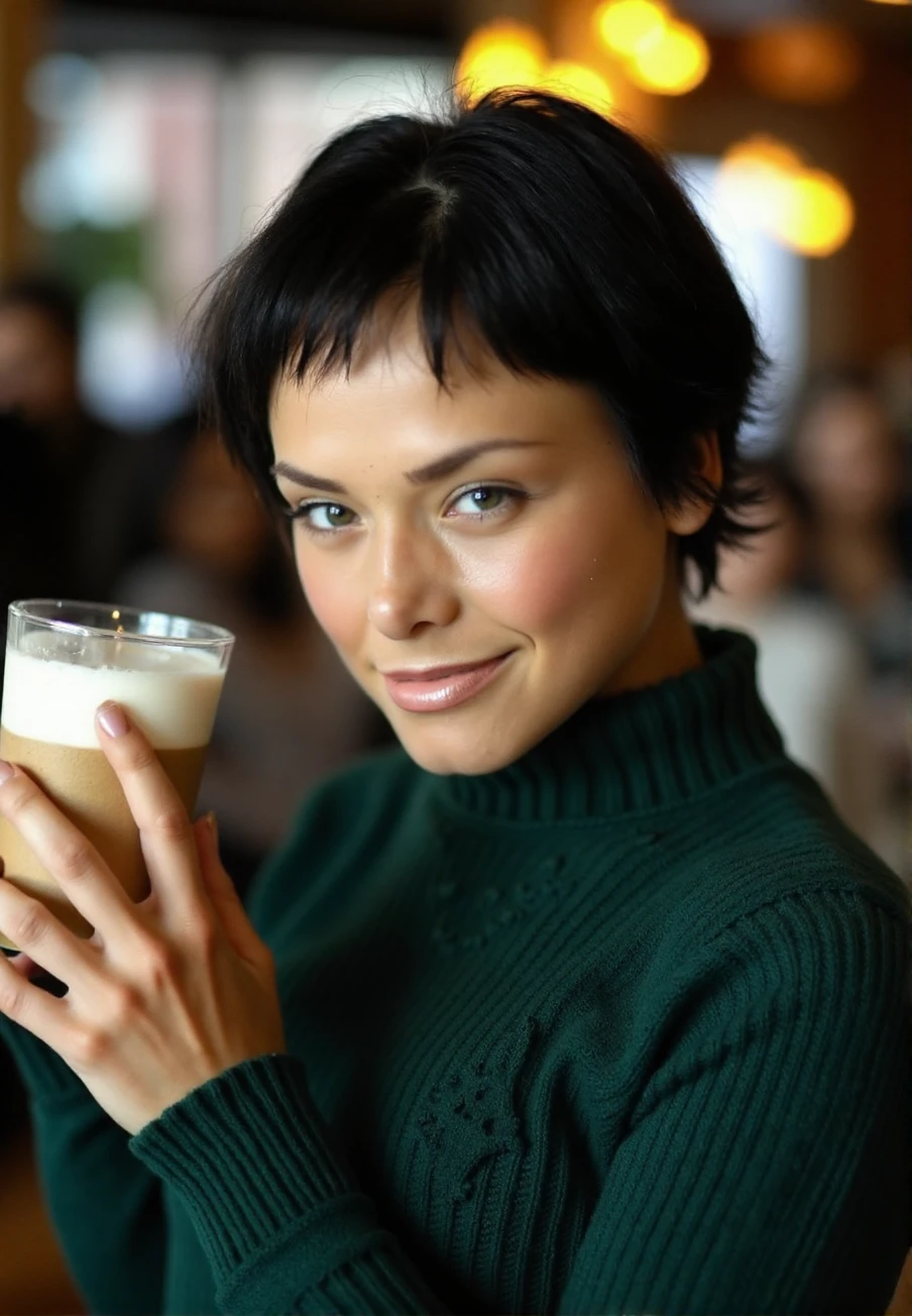 A professional photograph of a young woman, p1x1e, wearing a dark green cable-knit sweater, holding a latte in a cafe, (very short hair, pixie haircut), detailed skin, bokeh, SFW<lora:Pixie_aka_Nadia-000015:1>