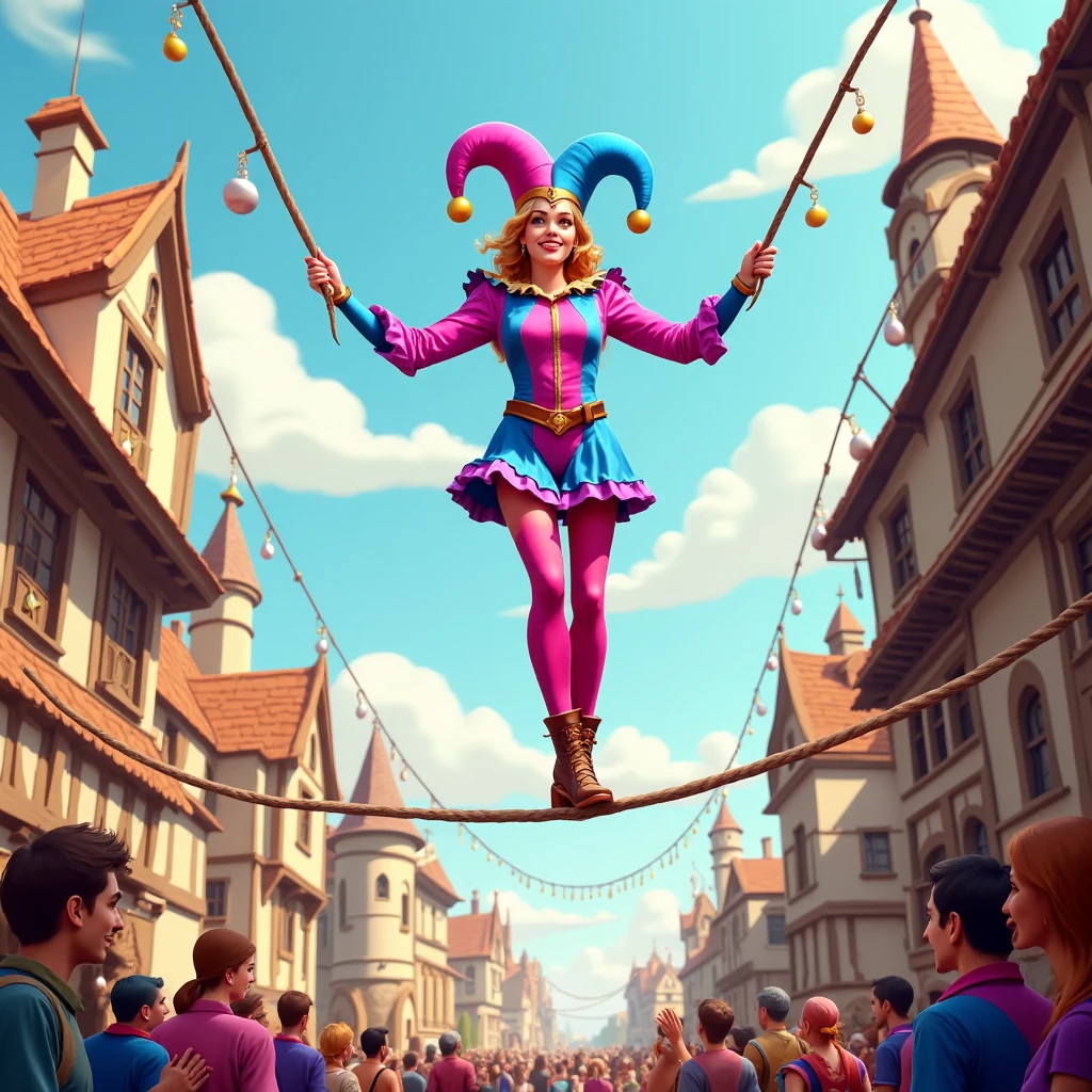 Imagine an image in the style of a digital illustration of a female jester performing a balancing act on a rope strung between two medieval buildings. She wears a vibrant pink and blue jester outfit, the digital art highlighting the vivid colors and energetic movement of her performance. Below, townspeople cheer and applaud, adding life to the scene.