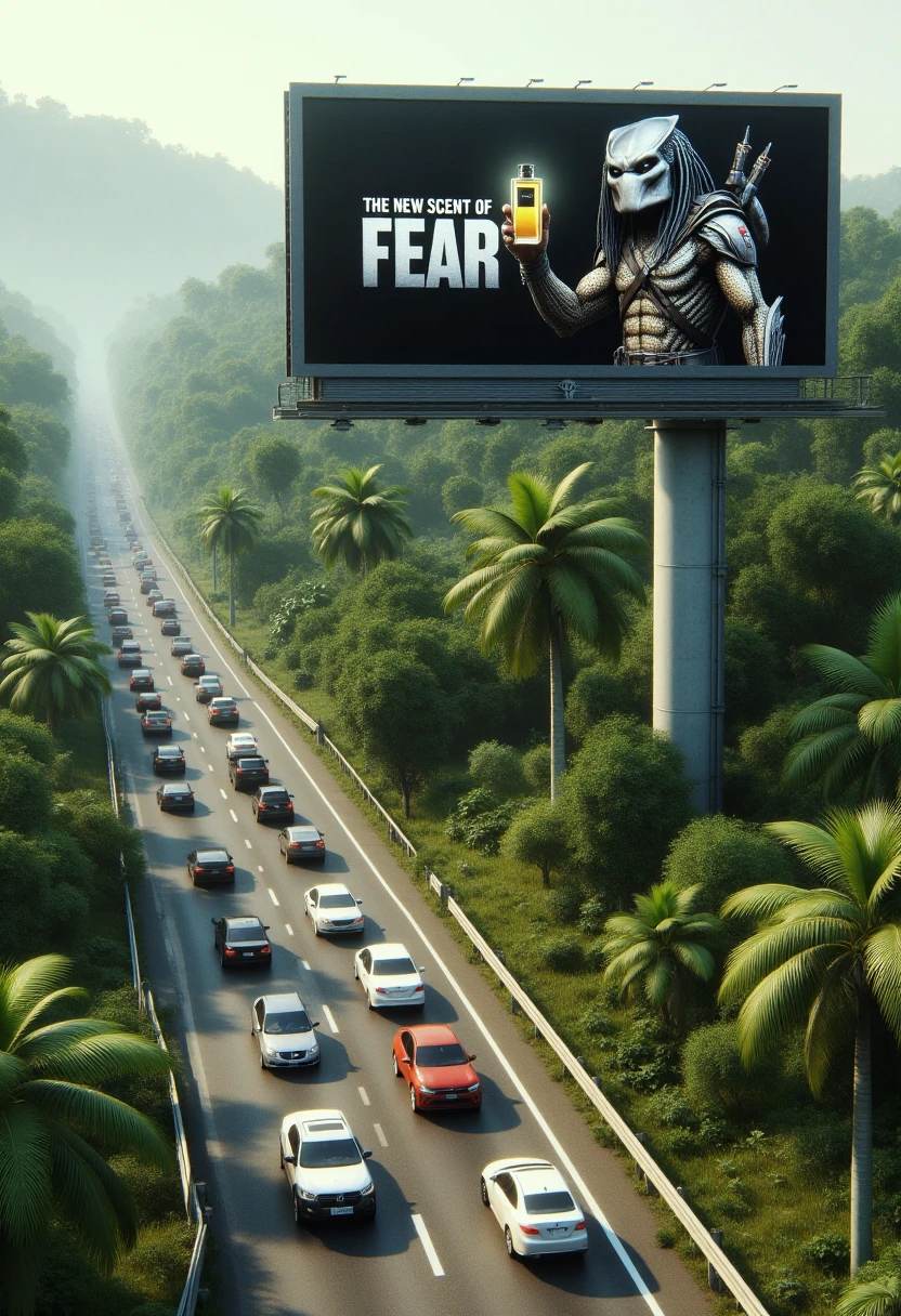 <lora:Billboard_Builder_FLUX-000011:0.8>
This is a highly detailed, CGI-rendered image depicting a lush, tropical jungle scene with a busy highway running through it. The road is a four-lane highway with a concrete median and guardrails. On the right side of the road, a large billboard stands tall, displaying  the caption "The New Scent of Fear" along with a vivid, high-resolution photograph of the Predator holding up a bottle of cologne. The  The billboard's .
The highway is congested with cars, mostly sedans and a few trucks, moving in both directions. The vehicles are depicted in a realistic manner, with visible license plates and varying degrees of wear on their bodies. The lush, verdant foliage on both sides of the road includes tall trees, dense foliage, and various types of tropical plants.