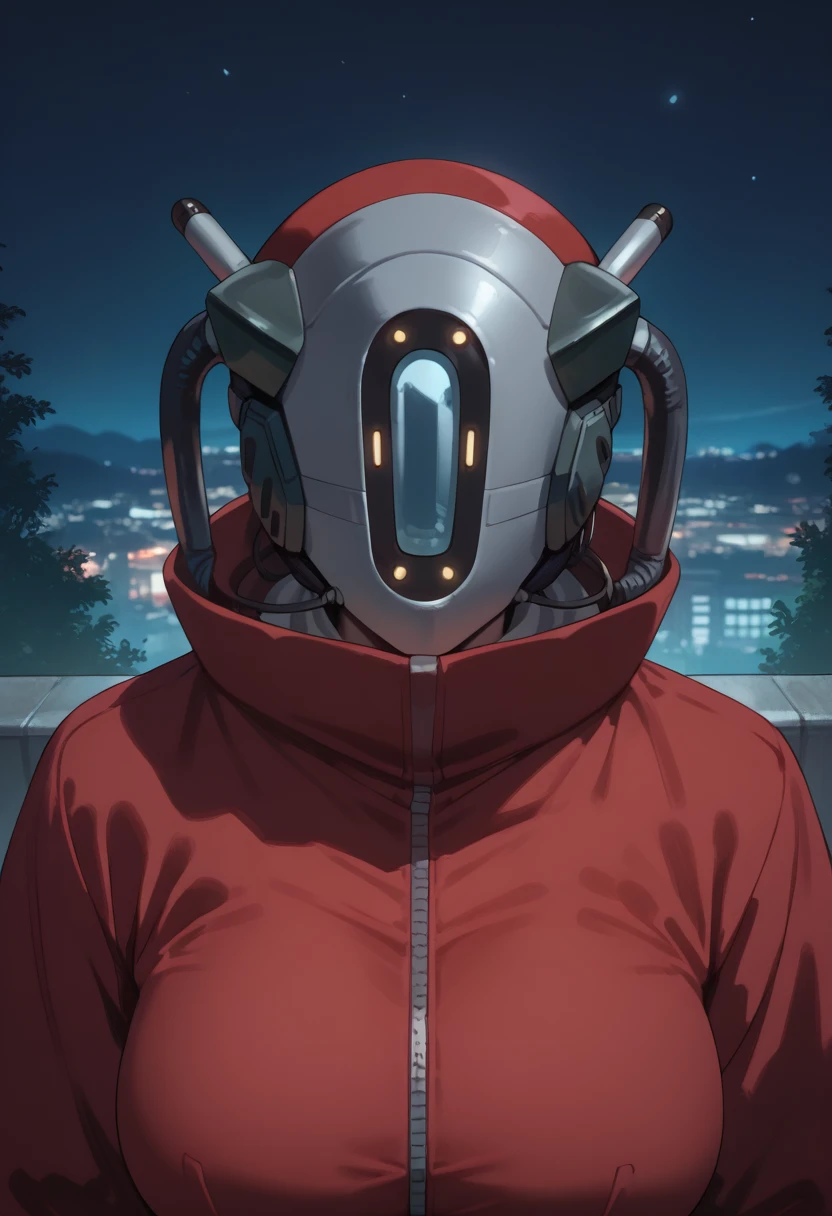 score_9, score_8_up, score_7_up, score_6_up, source_anime, absurdres, highres, 
csjammers, helmet, covered face, science fiction, 
from above, upper body, 
1girl, solo, looking at viewer,
large breasts, red coat, high collar,
night, outdoors, portrait,
 <lora:Cymatic_Scan_Jammers:1.0>