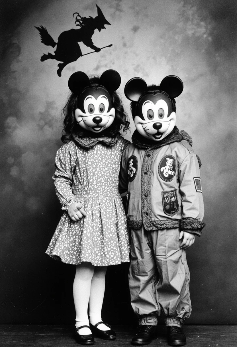 VintageHalloween.  a black-and-white photograph captures two children dressed as Mickey Mouse and Pluto. The girl on the left wears a polka-dot dress and Mickey Mouse ears, while the boy on the right wears a Mickey Mouse outfit with Pluto ears. Both costumes feature patches. Above them, a shadow silhouette of a witch on a broomstick is visible against a textured, gradient background. The children stand close together, with the girl's hand resting on the boy's shoulder. The image has a vintage, nostalgic feel.,<lora:VintageHalloween-step00001600:0.8>,