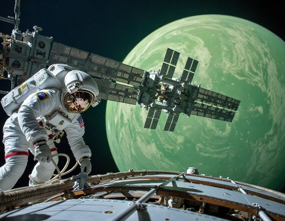 Image taken by N4sa, an astronaut performs an EVA while working closely on the exterior of a NASA space station orbiting a distant green gas giant. The astronaut is tethered securely to the station, adjusting equipment and inspecting the station's surface. The faint, greenish glow from the gas giant reflects off the astronaut's visor and the metallic panels of the space station. Due to the great distance from the sun, the light is dim, casting soft, diffuse shadows over the station's solar arrays and modules. The massive gas giant below displays swirling green clouds, barely lit in the subdued sunlight, creating a serene but otherworldly view. The station's structure, with its solar panels and equipment, stretches out into the darkness of space, while the astronaut carefully works in the low-light conditions, emphasizing the remoteness and quiet of the scene. Medium shot, grainy. <lora:nasa-imagery:1>