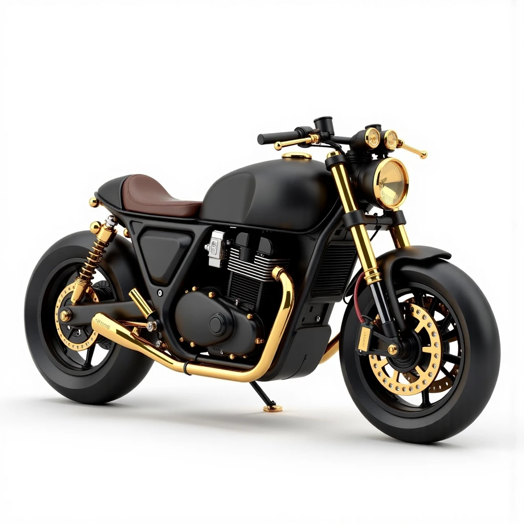 An orthographic view of Ð° 3D model of a  motorcycle featuring a design with a matte black ceramic body inspired by  retro style and contrasting golden metallic elements, set against a pure white background.
<lora:BlckNdGld-01:0.7>