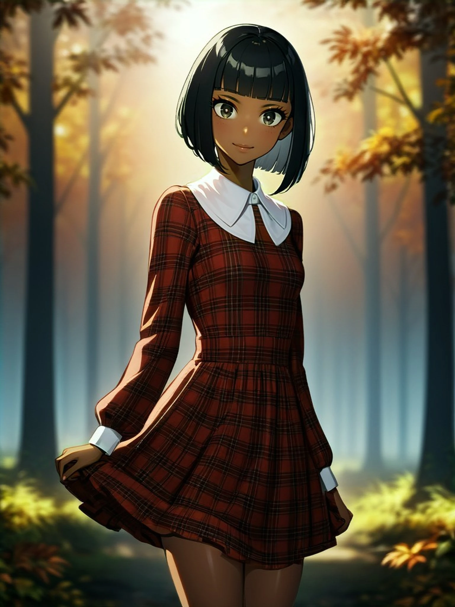 1girl, sexy, [(egyptian:0.5)::0.1], inverted bob, blunt bangs, short bangs, black hair,(dark skin:0.7), black eyes,detailed eyes, (tsurime:1), small breasts, head tilt, arms forward legs, light smile, contrapposto, from side, wind
red checked dress, simple dress, white collar,puffy long sleeves, 
autumn forest, sunbeam, drop shadow, yellow and red background, blurry background, misty, foggy, light particles
[(realistic:1.4)::0.1]
<lora:DobunezuMix-AAM:1>,<lora:hotarueye_xl_tsurime1_v050:0.6>,<lora:Fixhands_anime_bdsqlsz_V1:1> 
best quality, good quality,