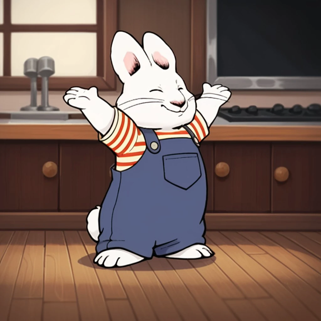 score_9, score_8_up, score_7_up, score_6_up, score_5_up, score_4_up, source_furry, maxm&r,  male, rabbit, white fur, long whiskers,  1boy, solo,  inside, full body, striped shirt, blue overalls, dancing, <lora:f274f8ee-f984-456e-bb05-15c1b501779c:0.7>