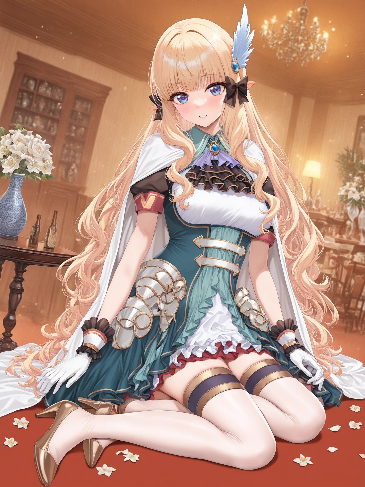 1girl, solo, saren_(princess_connect!), machi \(7769\), ningen mame, torino aqua, asakuraf, yd \(orange maru\), (atdan:0.5),SarenYP, thighhighs, gloves, dress, bow, short sleeves, hair bow, frills, white gloves, cape, high heels, white thighhighs, black bow, white cape, feather hair ornament, indoors, living_room, looking_at_viewer, furniture, bottles, table, painting_(medium), vase, flower,
masterpiece, best quality, good quality, newest,