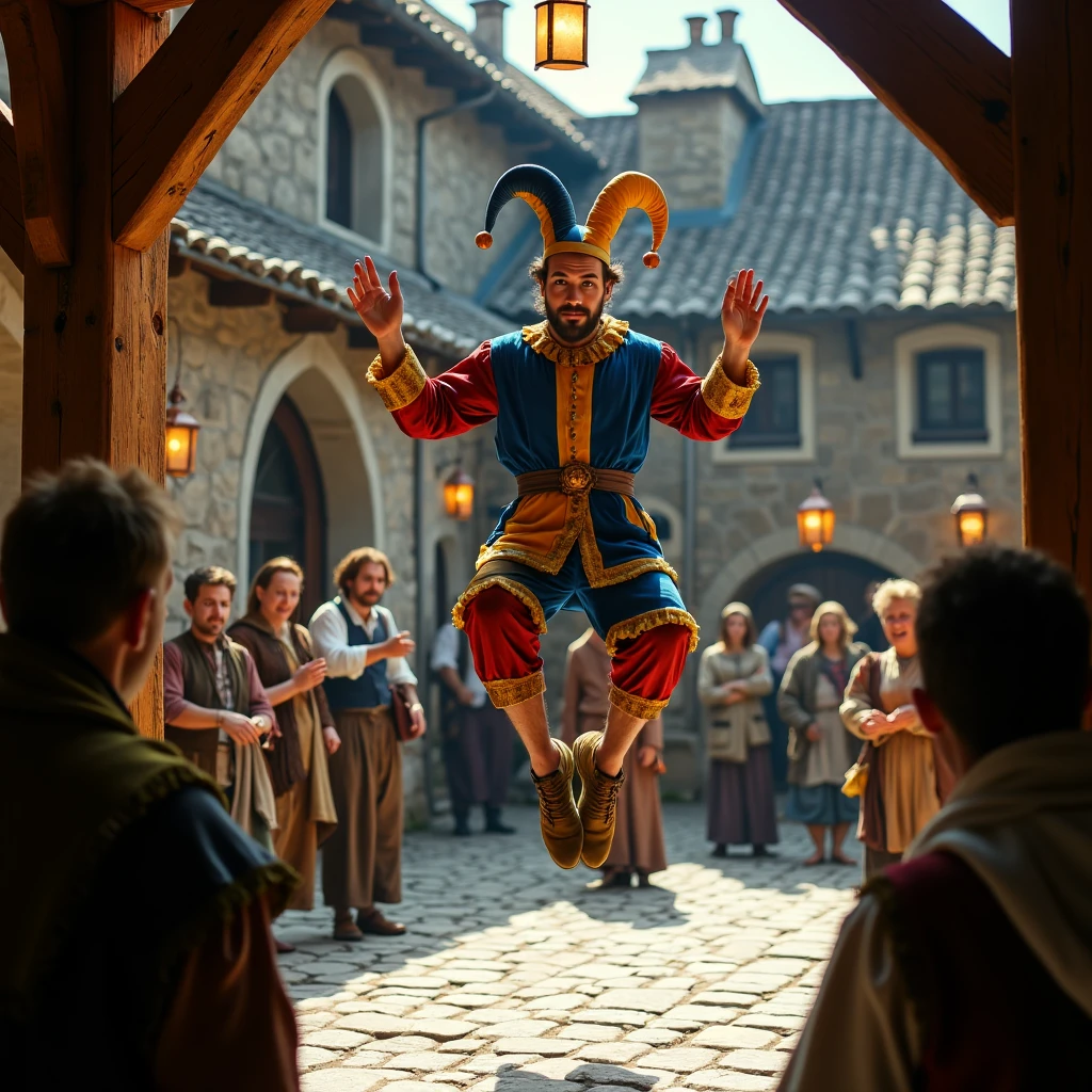 Imagine an image in the style of photorealism of a male jester performing tricks in the courtyard of a medieval inn, his blue and yellow costume catching the light of a nearby torch. The jester is mid-jump, balancing on his hands while a small group of travelers clap and laugh, the wooden beams of the inn framing the scene.