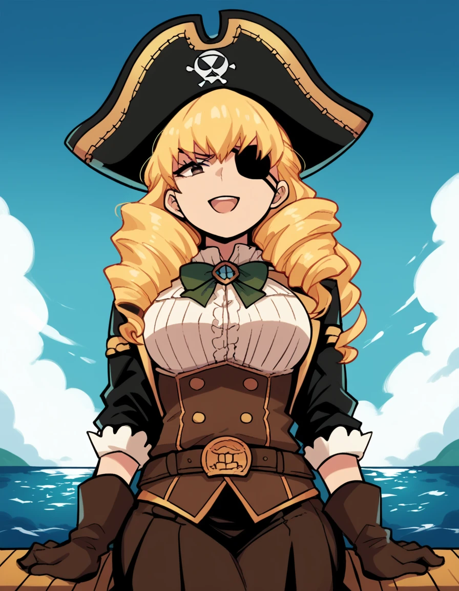 score_9, score_8_up, score_7_up, source_anime, <lora:ayari-shiki-s2-ponyxl-lora-nochekaiser:1>, ayari shiki, long hair, blonde hair, brown eyes, drill hair, large breasts,, <lora:pirate-costume-ponyxl-lora-nochekaiser:1>, pirate costume, pirate hat, skirt, gloves, jacket, shirt, eyepatch,, blue sky, sea, ocean, pirate ship, treasure, gold, smug, open mouth, from below, sitting,, , dutch angle, cowboy shot