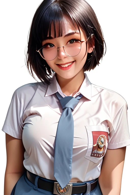 score_9, score_8_up, score_7_up, white background <lora:Larissa_XL:1> 1girl, short hair, black hair, large breasts, glasses, smile, 
<lora:SMA_Uniform:0.8> tucked in sma shirt, sma necktie, sma belt, sma skirt, sma shirt, sma skirt