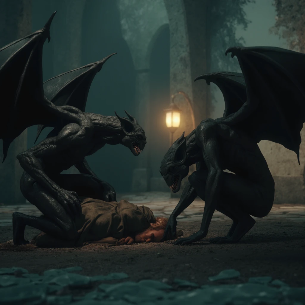 cinematic film still cinematography. moody atmosphere. film scene by denis villeneuve.  <lora:nightcreatures_and_violence_v1:0.85>   Two bat-like creatures with menacing wings are crouched over a figure lying on the ground, their muscular forms and elongated limbs exuding predatory tension. The dim lighting, provided by lanterns in the background, casts a shadowy ambiance, highlighting the creatures' threatening presence. The figure on the ground appears to be in a vulnerable position, partially obscured by the creatures' bodies., shallow depth of field, vignette, highly detailed, high budget Hollywood film, bokeh, cinemascope, moody, epic, gorgeous, film grain