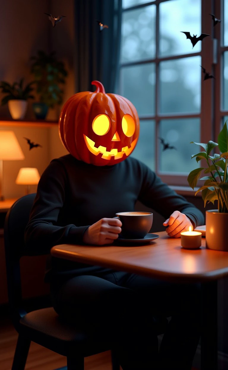 pampkihad person, rendered in cinema4d, spooky Cozy coffee shop and rainy day
<lora:halloween_s01_pumpkin_head_pampkihad:1>