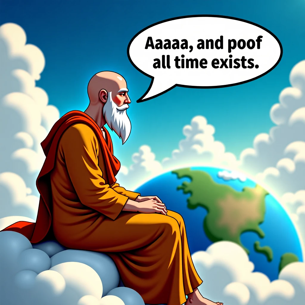 a bald man with a white beard wearing ancient greek style robes is sitting atop clouds looking down at earth.
spoken speech bubble "aaaaand poof all time exists"