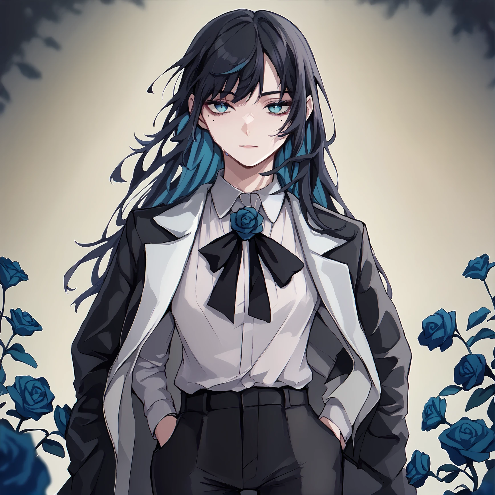 adolora, 1girl, solo, black hair, blue eyes,  long hair, mole, pants, mole under eye, blue hair,  multicolored hair, colored inner hair,   <lora:ado-lora-2:1>, close-up,  blue flower, rose, flower, jacket, black pants, suit, score_9, score_8_up, score_7_up, score_6_up, score_5_up, score_4_up,