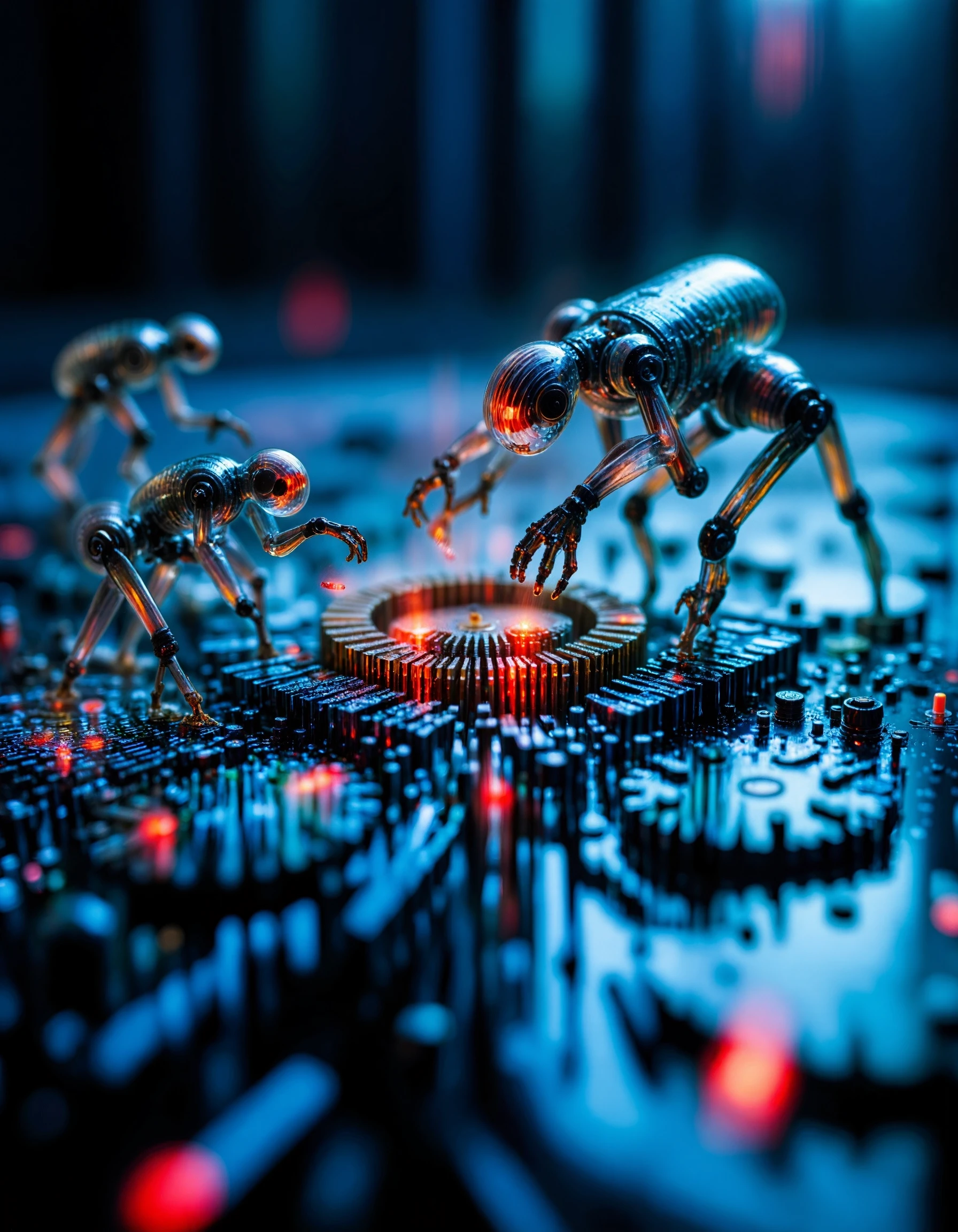 A close-up of nanobots working on a mechanical surface, their tiny, intricate limbs assembling microcomponents with precise movements. The nanobots, each no larger than a grain of sand, glow with faint red and blue lights as they manipulate miniature gears and wires, weaving a digital tapestry of high-tech complexity