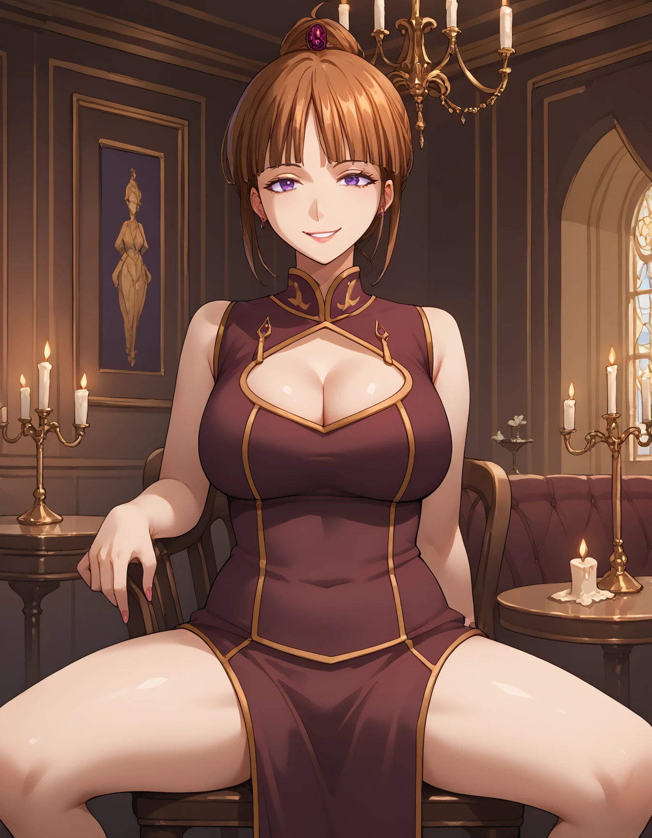 score_9, score_8_up, score_7_up, eva-umineko, mature female, purple eyes, indoors, (red dress:1.1), cleavage cutout, chair, table sitting, spread legs, seductive smile, luxurious room, chandelier, candle