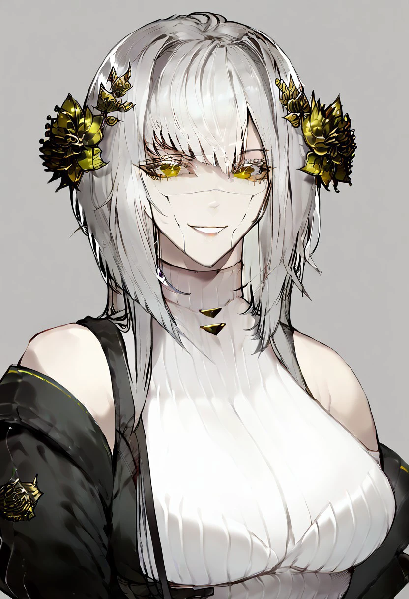 score_9, score_8_up, score_7_up, score_6_up, , ,masterpiece, perfect face, perfect eyes, 1 gir, TheCecile, white hair, smile, yellow eyes, huge breasts, standing,