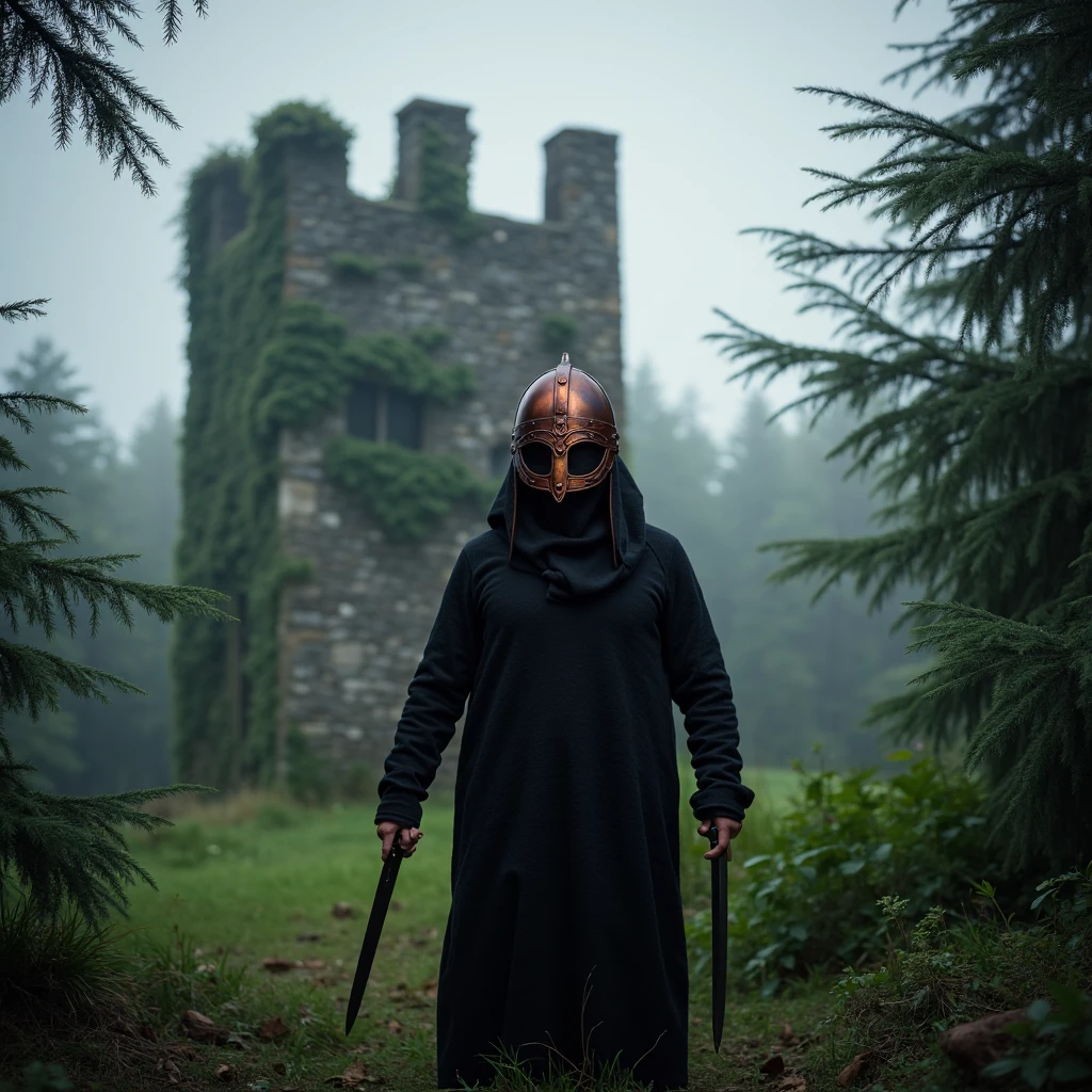 A hooded rogue emerges from the shadow of a dense forest, their rusty viking helmet partially hidden beneath a dark cloak. The figure holds a dagger in each hand, their posture low and stealthy. The background reveals a crumbling stone tower wrapped in overgrown vines, barely visible through the thick mist. The rogue’s movements are silent, but there’s an air of deadly precision in their stride, their helmet reflecting the muted colors of the overcast sky above.