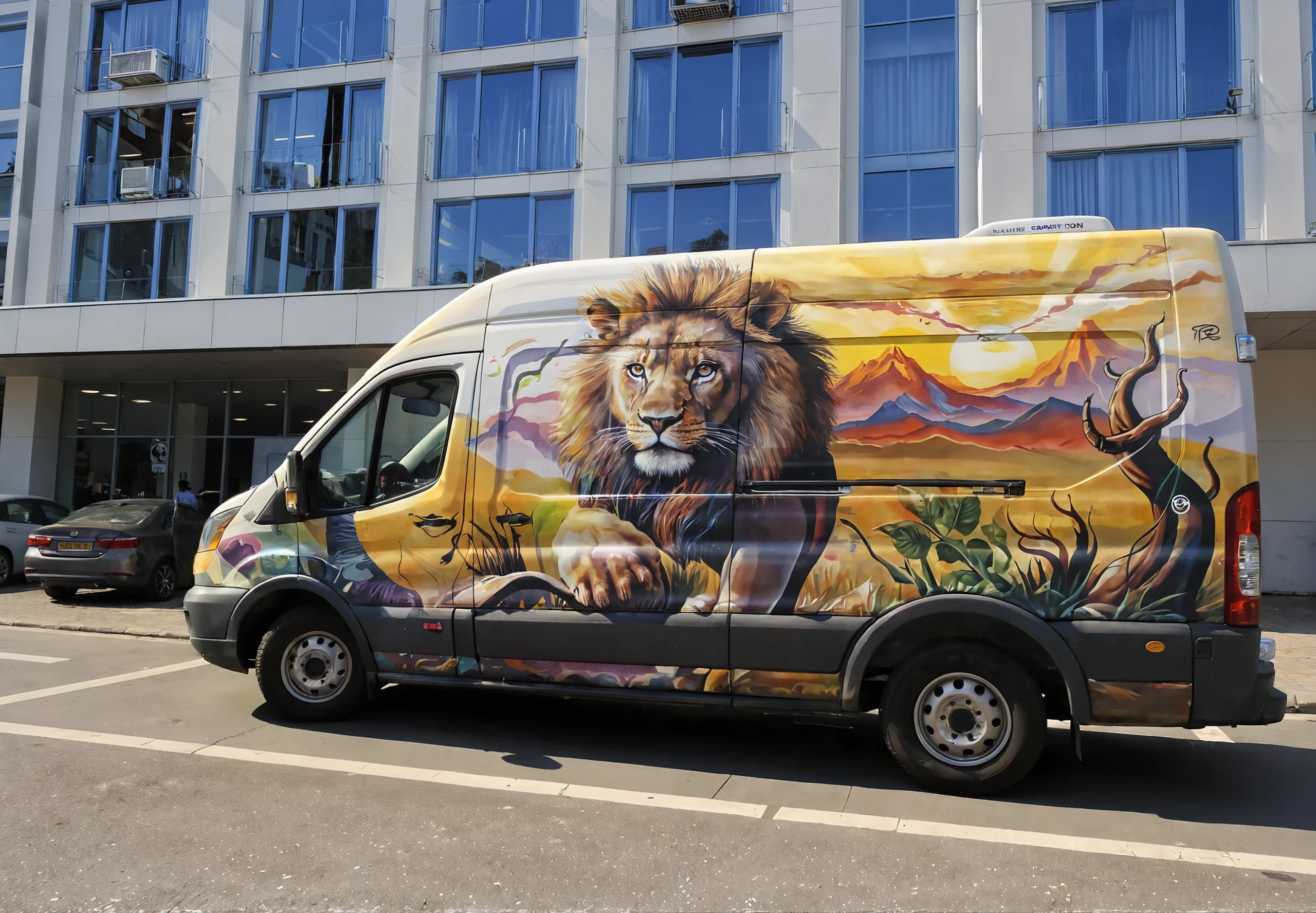 in the street with (cars:1.5), in front of an ultra-modern building, close-up photography of a van decorated with a masterpiece wonderful graphiti fresco vallejo style depicting a lion in the African savannah with sunrise, jungle vegetation. <lora:graphiti4flux:1> graphiti <lora:b-vallejo:0.6>