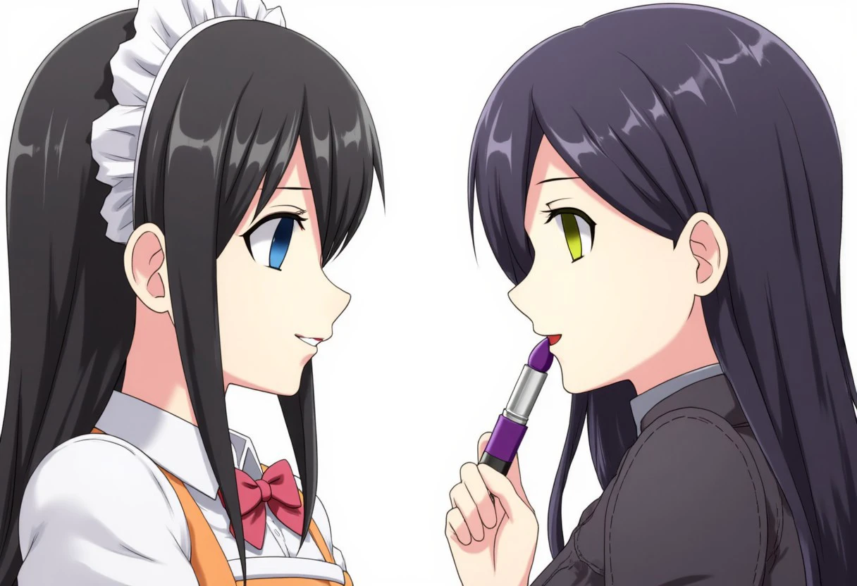 There are two adult females drawn in an anime style. They are staring directly at each other. One female is dressed in a maid uniform and has long black hair. She is hypnotized and has blank empty blue eyes. The other female is wearing a dark casual outfit. She is smiling sexily. She has green eyes and has yellow eye shadow. Her lips are dark purple and she is holding a tube of purple lipstick. The focus of this image is the makeup.