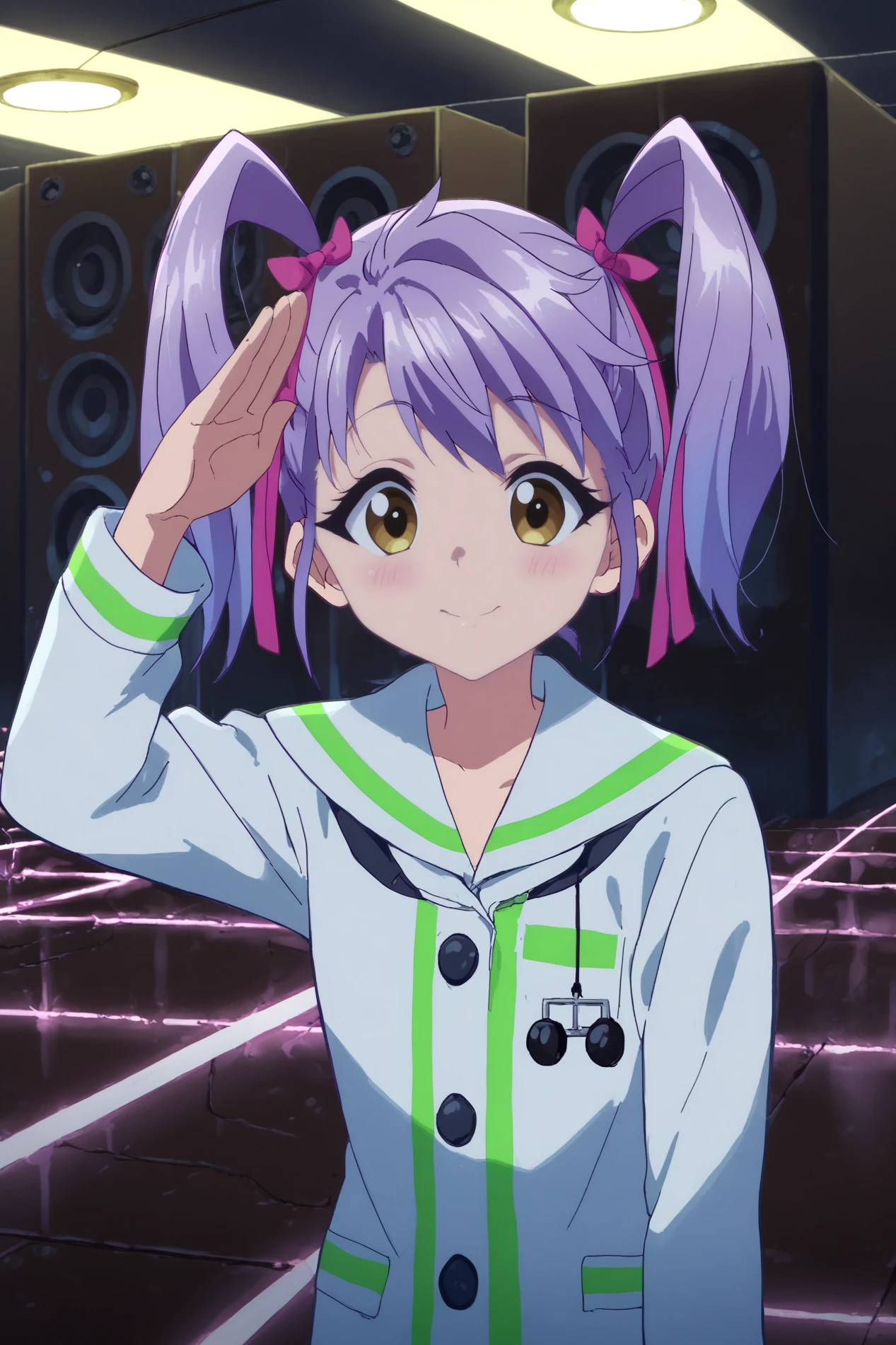  kurumi kumamakura,1girl,solo,smile,twintails,ribbon,yellow eyes,hair ribbon,purple hair,,looking at viewer,school uniform,jacket,lowlight,low light,oily skin,shiny_skin,upper body,smile,good_hands,standing,leaning_forward,salute BREAK indoors,nightclub,music,lights, dancefloor, DJ, speakers,shadows,led,purple neon led      <lora:Kurumi_Kumamakura_-_Musaigen_no_Phantom_World.safetensors:0.8> <lora:detailed_backgrounds_v2.safetensors:0.7> <lora:lowlight.safetensors:0.8>