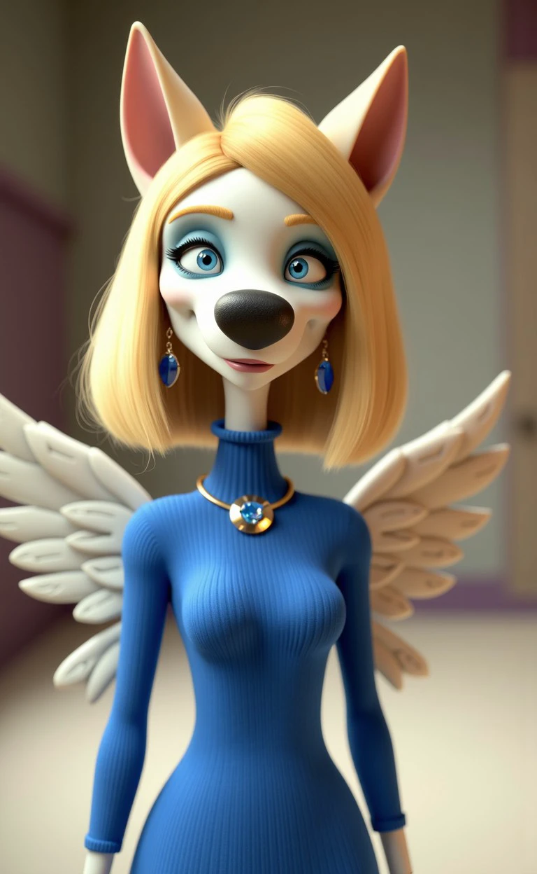 adefimo style dog, scary a very pretty woman standing, in a blue sweater and wings on her back, modest, with a blue dress and necklace, Artgerm, sots art, unreal 5, concept art, armlet, blonde_hair, blue_eyes, blurry, blurry_background, depth_of_field, earrings, gem, jewelry, looking_at_viewer, medium_breasts, realistic, solo, upper_body, wings, abbe bi style, [cartoon, vector art, anime :realistic, real life, hyper realistic:0.15], 
<lora:flux_halloween_s04_addams_family_adefimo_style:0.75>