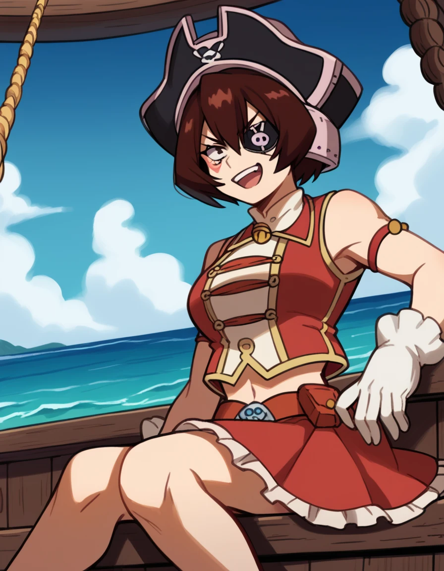 score_9, score_8_up, score_7_up, source_anime, <lora:shino-sosaki-s2-ponyxl-lora-nochekaiser:1>, shino sosaki, short hair, brown hair, hair between eyes, brown eyes, large breasts,, <lora:pirate-costume-ponyxl-lora-nochekaiser:1>, pirate costume, pirate hat, skirt, gloves, jacket, shirt, eyepatch,, blue sky, sea, ocean, pirate ship, treasure, gold, smug, open mouth, from below, sitting,, , dutch angle, cowboy shot