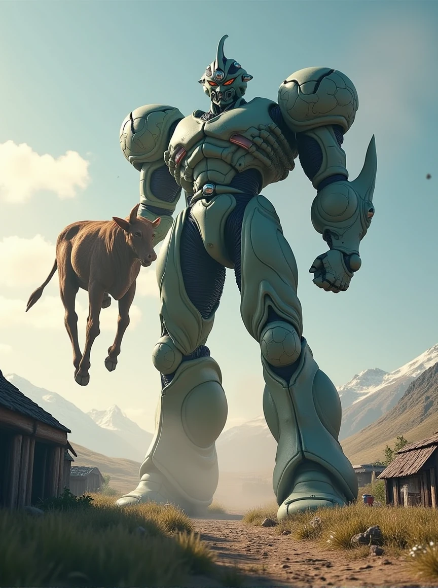 the guyver of biological armor,a massive gigantic mecha robot standing on mainland,facing the tiny town,grabbing and pick up a cow in hand,the cow in the air, far from the ground