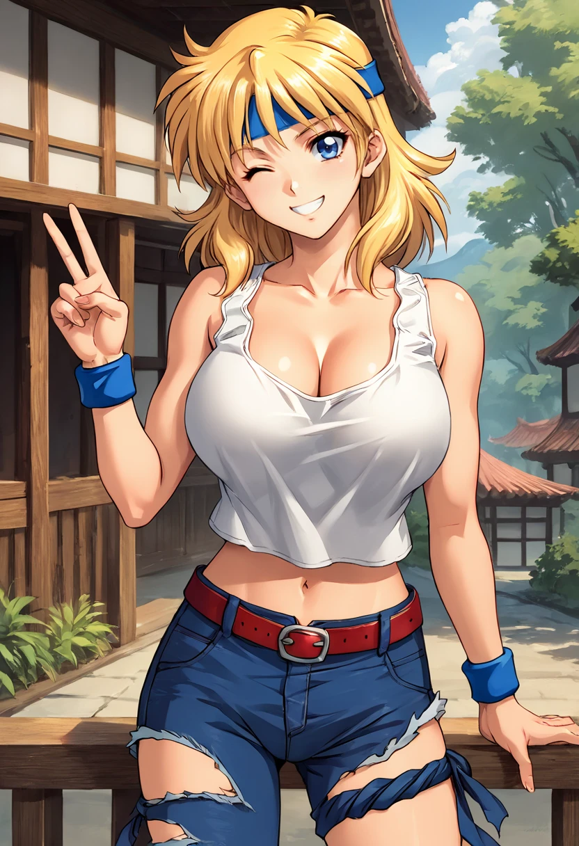 score_9, score_8_up, score_7_up, source_anime BREAK 1girl, solo, <lora:srw_ryune:1>, srw_ryune, cowboy shot, (1990s\(style)\:0.5), white tank top, belt, torn jeans, asymmetrical legwear, thigh strap, midriff, wristbands, large breasts, cleavage, blonde hair, bangs, blue headband, medium hair, blue eyes, looking at you, smile, one eye closed, making a peace sign, Japanese village, spread legs