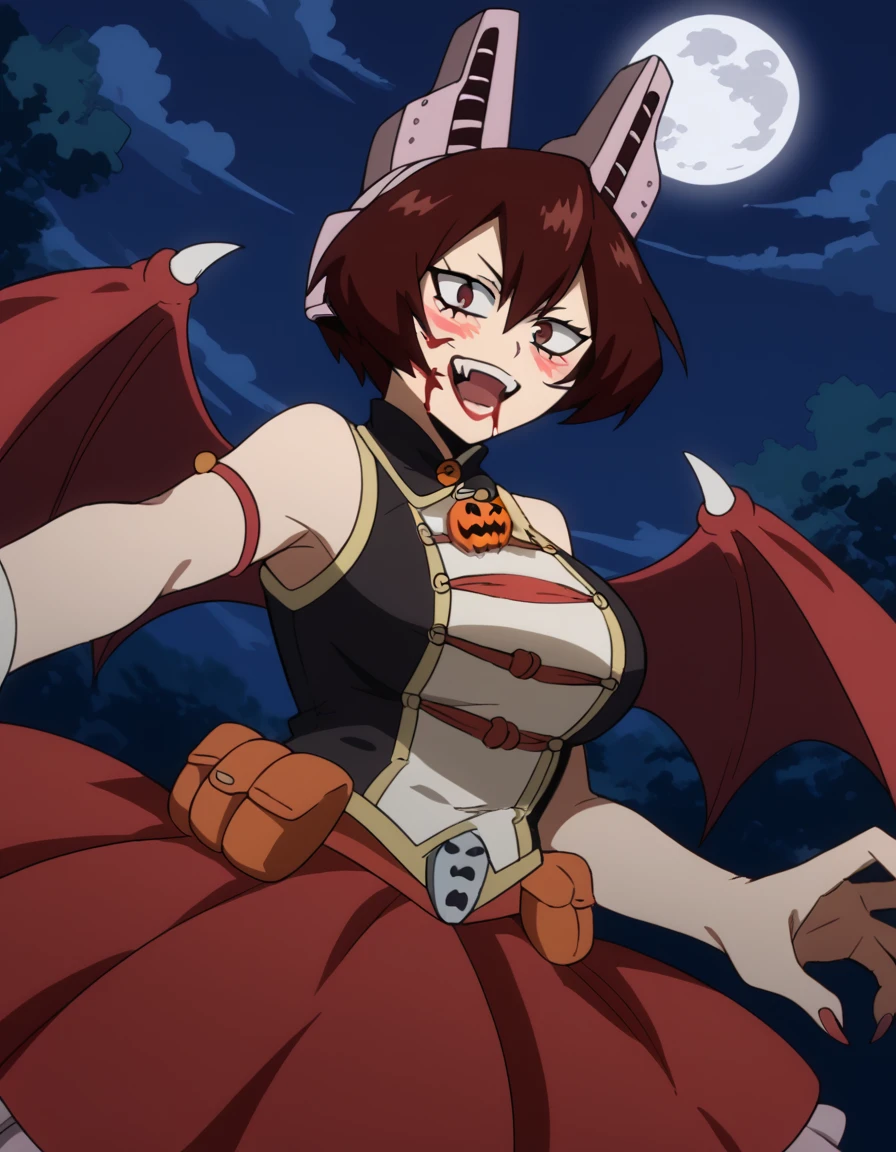 score_9, score_8_up, score_7_up, source_anime, <lora:shino-sosaki-s2-ponyxl-lora-nochekaiser:1>, shino sosaki, short hair, brown hair, hair between eyes, brown eyes, large breasts,, <lora:vampire-ponyxl-lora-nochekaiser:1>, vampire, red eyes, pointy ears, fangs, black dress, wings, blood, blood on face, blood on mouth, bat (animal), halloween, halloween costume, upper teeth only, night, moon, blush, smile, open mouth, , dutch angle, cowboy shot