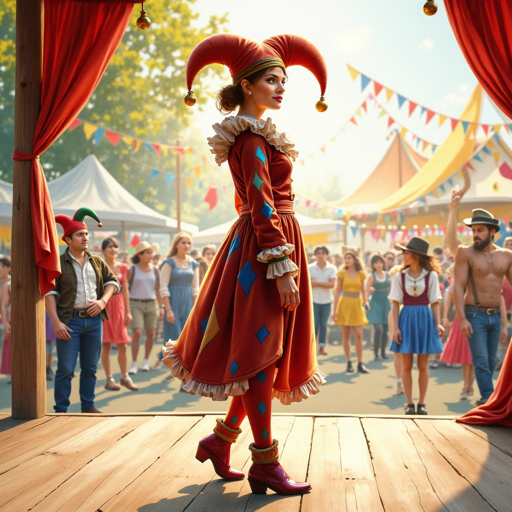 Imagine an image in the style of a watercolor painting of a female jester standing on a wooden stage at a traditional carnival. She wears a classic harlequin jester outfit, her hat with jingling bells catching the soft, colorful light. The onlookers are sketched lightly in the background.